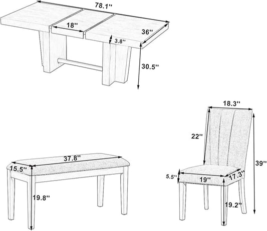 Ball & Cast 6 Piece Farmhouse Dining Table Set with Extendable Table,4 Upholstered Chairs & 1 Bench,Wooden Kitchen Table Set of 6,Backrest Chair with Table & Upholstery-Bench,for Dining Room,Natural