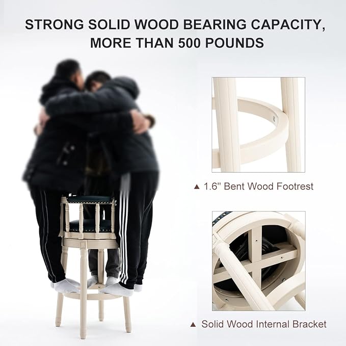 Cow top Leather Wooden Bar Stools, 360 Degree Swivel Bar Height Chair with Backs for Home Kitchen Counter, Morden Chair Barstools (Ivory Wood 1pc-Blue Seat, Counter Height-Seat Height 26”)