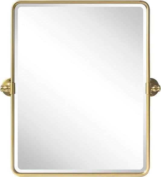 TEHOME 20 x 24 inch Farmhouse Gold Metal Framed Pivot Rectangle Bathroom Mirror Rounded Rectangluar Tilting Beveled Vanity Mirrors for Wall