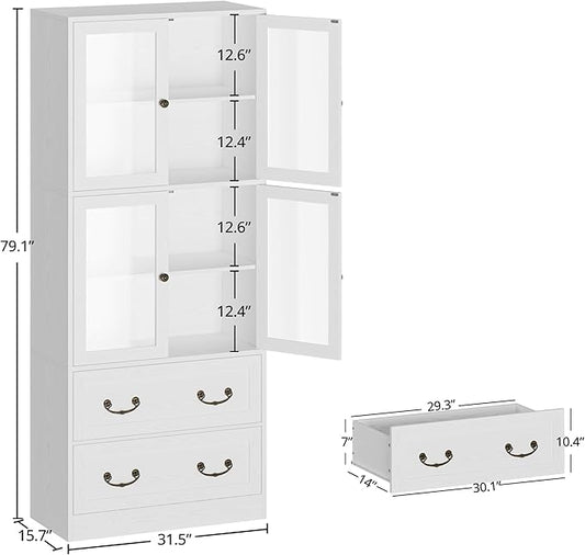 IRONCK Bookshelves and Bookcases, Bookshelf with 2 Drawers, 79.1" Inch Tall Bookshelf, 4 Tier Bookcase with Acrylic Doors, Large Storage Cabinet for Home Office, Living Room, Kitchen