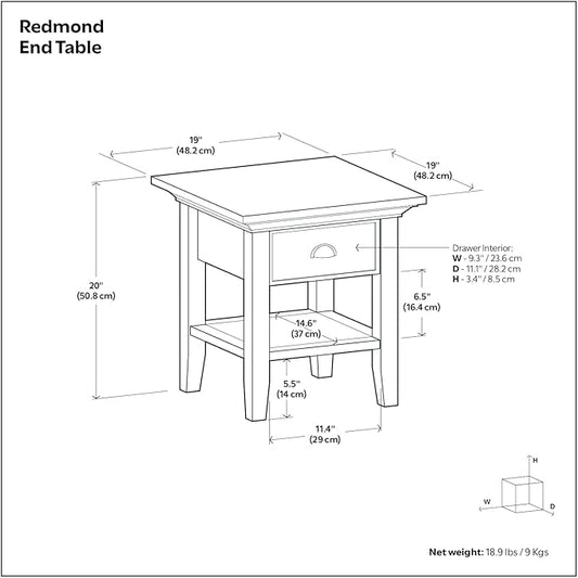 SIMPLIHOME Redmond SOLID WOOD 19 inch Wide Square Transitional End Side Table in Rustic Natural Aged Brown for the Living Room and Bedroom