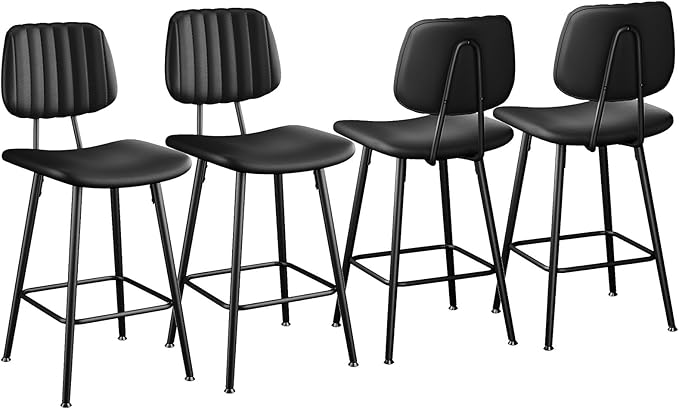 24-Inch Leather Bar Stools Set of 4, Counter Height Barstools with High Backrest,Bar Chairs for Kitchen Island with Heavy Duty Metal Legs, Black