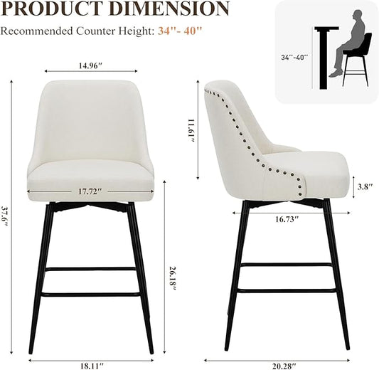 COLAMY Bar Stools Set of 2, 26.18" Counter Height Swivel Stools with Thick Padded Seat, Adjustable Footrest & 360° Rotation, Soft Fabric Upholstery for Kitchen Island/Home Bar/Cafe, Beige