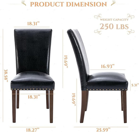 Parsons Dining Chairs Set of 4, Upholstered Nailhead PU Leather Dining Room Kitchen Side Chair with Thick Cushions and Wood Legs, Black