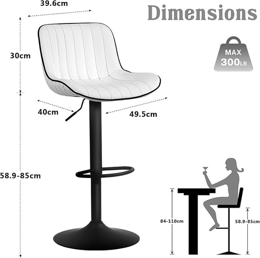 YOUNUOKE Bar Stools Set of 2, Adjustable Swivel Counter Height Chairs with Back, White PU Leather Upholstered Barstools for Kitchen Island Home Bar