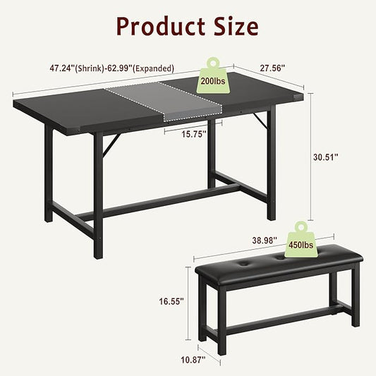 Dining Table Set for 4-6, 63“ Large Extendable Kitchen Table Set, Wood Rectangle Kitchen Table with 2 Soft Benches for Small Space, Apartment, Dinner,Black