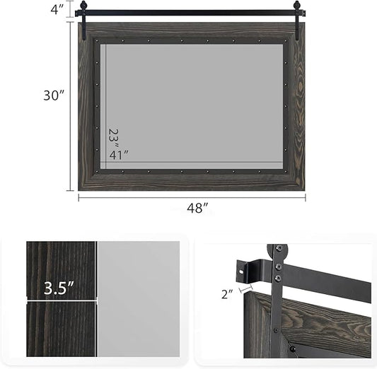 YOSHOOT Farmhouse Barn Door Mirror, 48"x30" Rustic Bathroom Mirror, Wood Frame Wall Mirror, Wooden Mirror for Living Room Bedroom Entryway Wall Décor, Horizontal Hanging ONLY