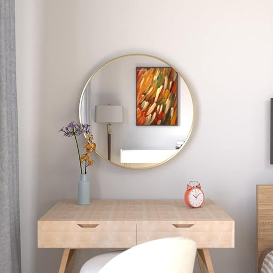 28 inch Gold Circle Wall Mirror, Brushed Brass Golden Metal Framed Round Mirror for Bathroom Vanity, Bedroom Decor, Living Room, Entryway