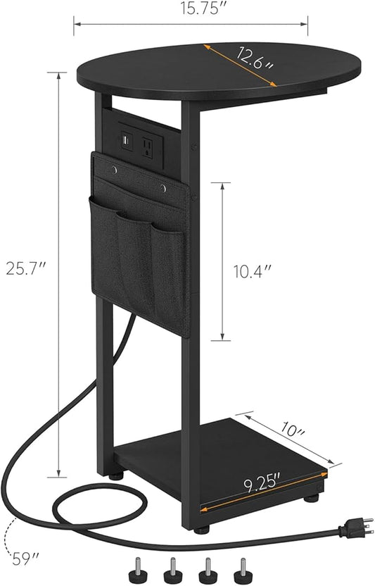 Vagusicc C Shaped End Table with Charging Station, Small Side Table for Couch, TV Tray Slide Under Sofa Table for Living Room Bedroom, Round Couch Side Table C Table for Sofa, Black