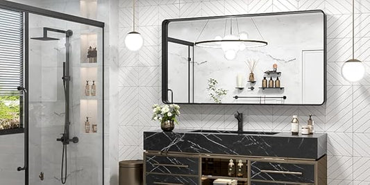TokeShimi 48 x 24 Inch Wall Mirror Black Bathroom Vanity Mirror with Metal Frame Aluminum Alloy Rounded Corner for Modern Farmhouse Wall Decor 1”Deep Set Design (Horizontal/Vertical)
