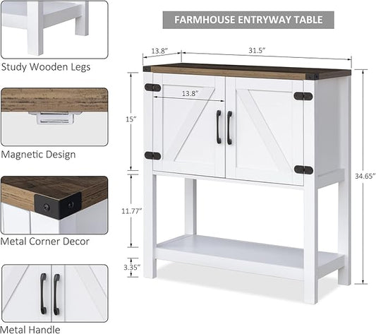 Console Table Coffee Bar Cabinet Sofa Table,31.5 L x 13.8 D x 34.65 H,Entryway Table with 2 Storage Cabinets, Farmhouse Buffet Sideboard for Kitchen, Foyer,Hallway (White)