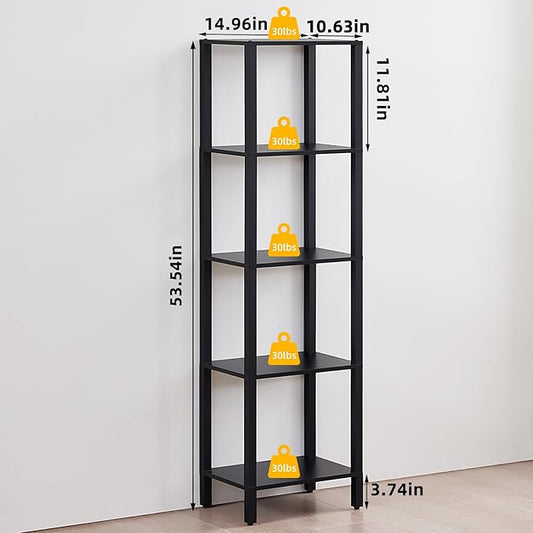 54in Tall Bookshelf 5-Tier Small Narrow Bookcase, Skinny Book Shelf for Small Space, Farmhouse Slim Shelf with Storage, Wood Freestanding Display Thin Bookshelves for Living Room, Office, Black