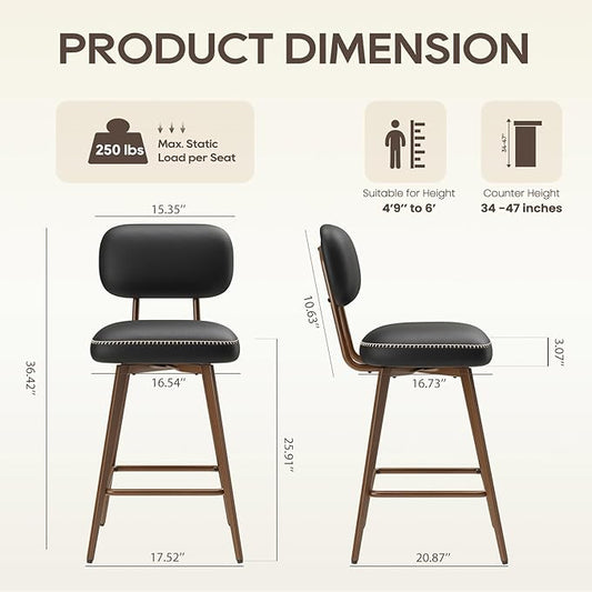 Swivel Bar Stools Set of 3, Mid Century PU Leather Counter Height Bar Chairs with Low Back and Metal Legs, Modern Bar Stool Chair for Kitchen Island, Black
