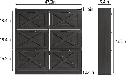 Maupvit Large Shoe Storage Cabinet with 6 Flip Drawers, Freestanding Shoe Organizer with Metal Handles for Entryway, Narrow Shoe Rack Cabinet, Black