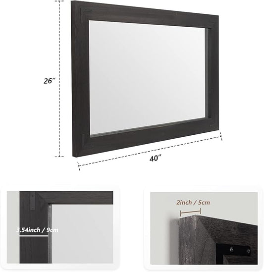 YOSHOOT Rustic Wooden Framed Wall Mirror, Natural Wood Bathroom Vanity Mirror for Farmhouse Decor, Vertical or Horizontal Hanging (40" x 26", Black)
