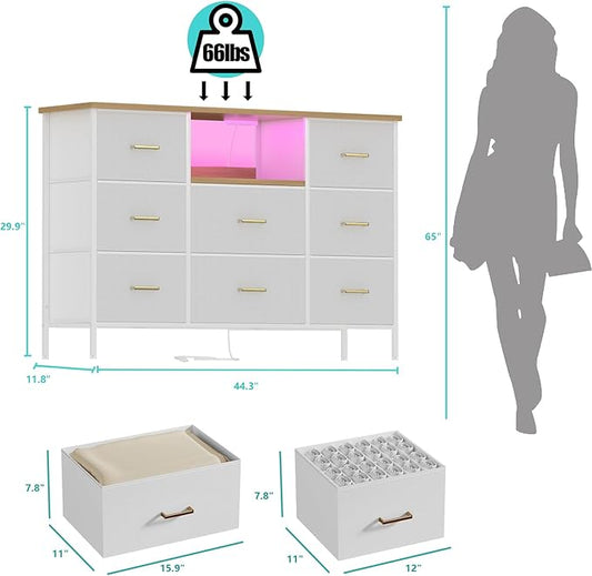 White Dresser with LED Lights and Power Outlets, Dresser TV Stand with 8 Drawers for 55" TV, Fabric Chest of Drawers for Bedroom, Living Room, Entryway