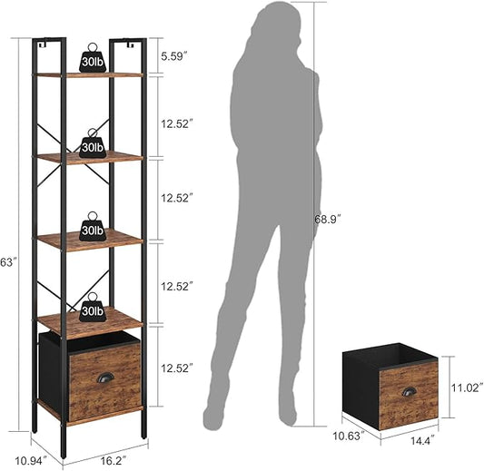 5 Tier Bookshelves,Tall Narrow Bookcases with Shelves, Bookcase Storage Organizer,Industrial Bookshelf with Drawer,Display shelves for Living Room, Bedroom ,Kitchen and Office, Rustic Brown
