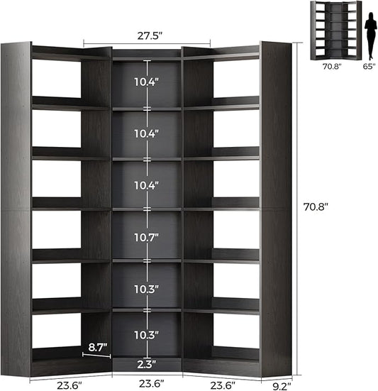 IRONCK Corner Bookshelf, 7-Tier Bookshelf with Storage, Corner Bookcases with Baffles Etagere Shelf for Living Room Home Office Bedroom, Black