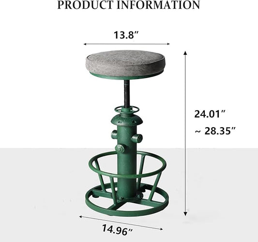 Topower Antique Industrial Round Bottom Adjustable Height Cafe Coffee Retro Vintage Stylish Water Pipe Design Pub Kitchen Bar Stool (Antique Green, PU Leather Top)