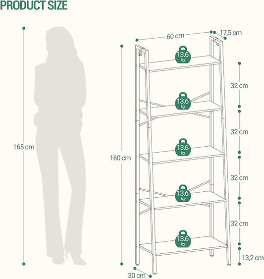 Ladder Shelf, Bookshelf Bookcase, Freestanding Corner Storage Shelve with 2 Hooks for Home Office, Living Room, Kitchen, Bedroom, Industrial, 5-Tier Black BC19304B