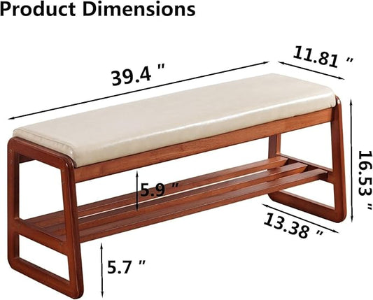 Solid Wood Shoe Bench, 2-Tier Wooden Entryway Bench, Modern Shoe Rack with Faux Leather Cushion for Hallway, Living Room (Gray, 39.4'')