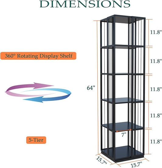 Square Rotating Bookshelf Tower - 360 Spinning Display Corner Bookcase for Narrow Space, Modern 5-Tier Revolving Storage Shelf, Black