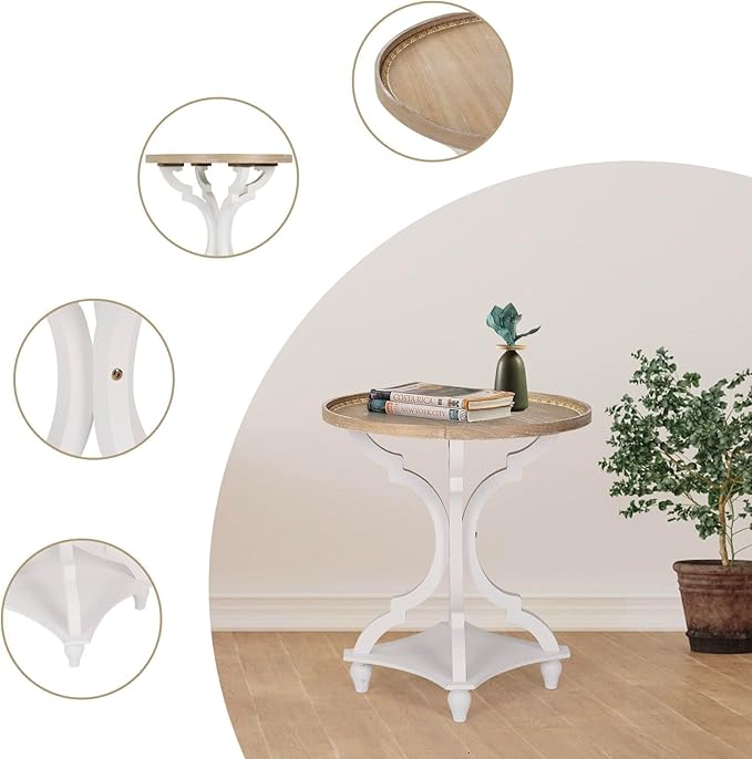 Wnutrees Farmhouse Round Accent End Table, Rustic Side Table Nightstands for Living Room, Wood Tray Top, Handcrafted Finish, White