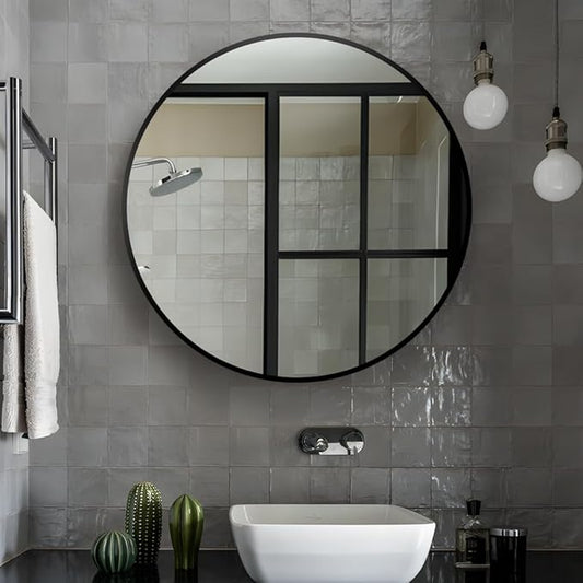 34inch Bathroom Round Mirror,Wall Mounted Vanity Mirror,Steel Frame,Black,Steel Frame