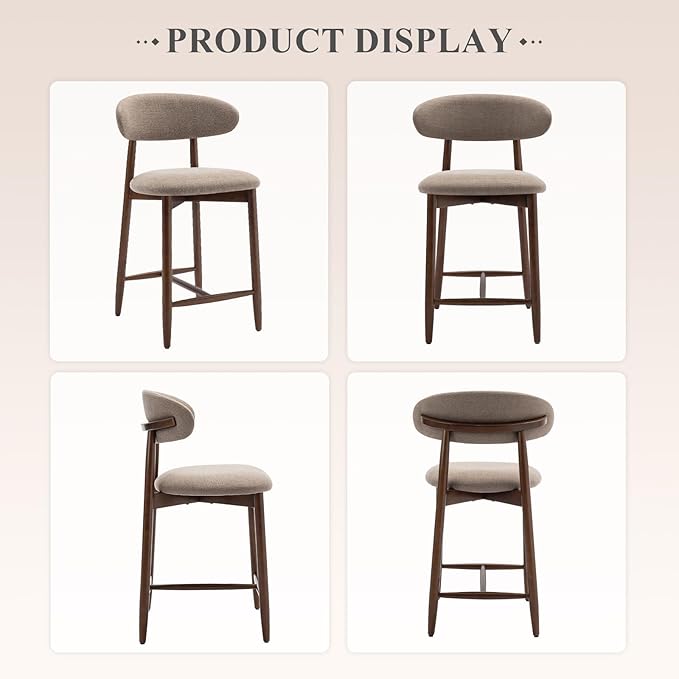 COLAMY Bar Stools Set of 2, Counter Height BarStools with Back, Mid Century Modern Upholstered, with Wood Legs for Kitchen Island Dining Room, Camel