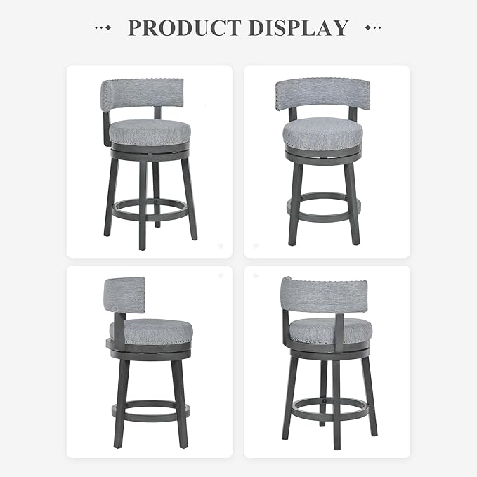 COLAMY Swivel Counter Height Bar Stools Set of 3, 25 Inch Modern Upholstered Kitchen Island Barstools with Back, Wood Swivel Bar Chairs for Counter Bar Dining Room, Grey