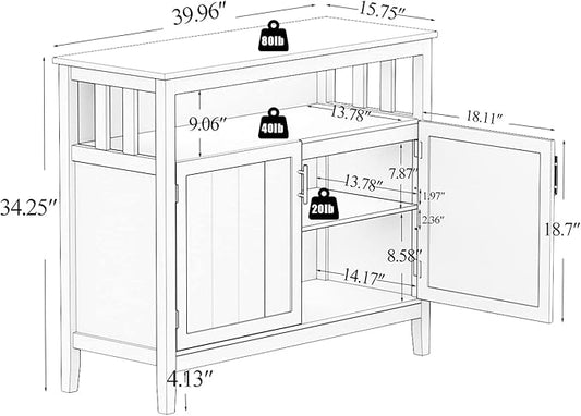 RASOO Buffet Cabinet White Kitchen Sideboard Buffet Storage Server Cupboard Cabinet Console Table with 2 Doors and Adjustable Shelf