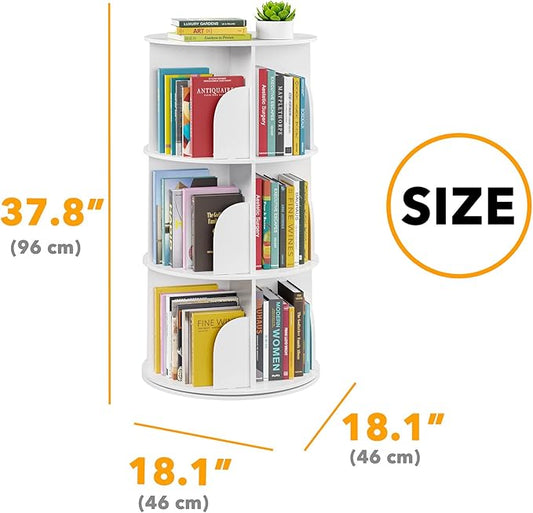 SpaceAid 3 Tier Rotating Bookshelf Tower, Spinning Bookcase Lazy Susan, Revolving 360 Book Shelf Storage Round Carousel, Vertical Rotate Turning Spiral Corner Organizer, White