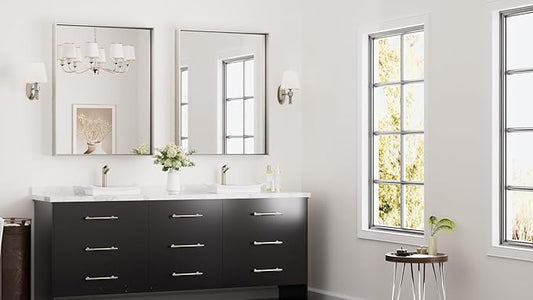 Keonjinn Brushed Nickel Bathroom Mirror for Wall 28 x 36 in, Rectangular Metal Framed Silver Mirror for Vanity Square Corner Aluminum Alloy Rectangle Modern Mirror for Over Sink(Horizontal/Vertical)