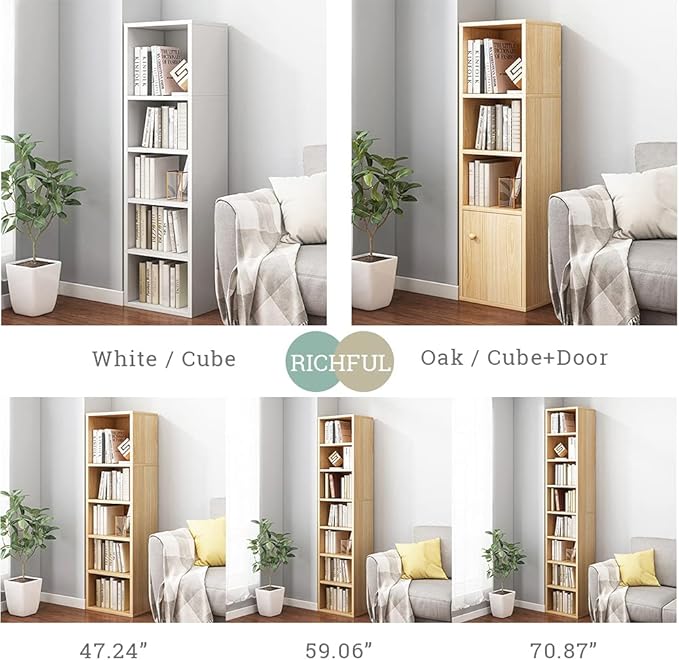 IOTXY Small Narrow Corner Bookcase - 59 Inches Tall Gap Freestanding Storage Cabinet, 7 Lattices Open Shelves Tower Rack, Cubes Bookshelf in Oak