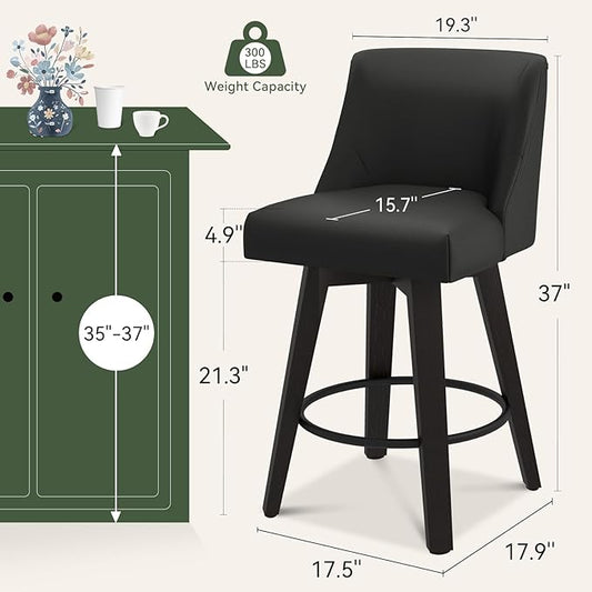 Vipbear Swivel Counter Height Bar Stools Set of 4,26.8" H Counter Stools with Back, Mid Century Modern Bar Stools for Kitchen Island,Faux Leather,Wooden Base, Black