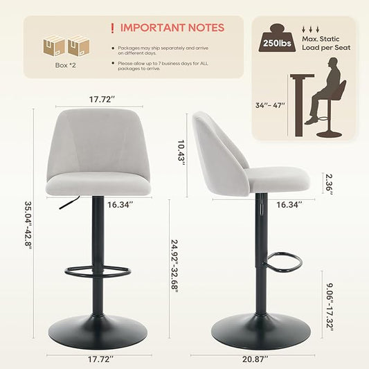 COLAMY Bar Stools Set of 4, Modern Swivel Bar Chairs, Adjustable Upholstered Barstools Counter Height with Full Backrest for Bar, Dining Room, Kitchen Island, Grey