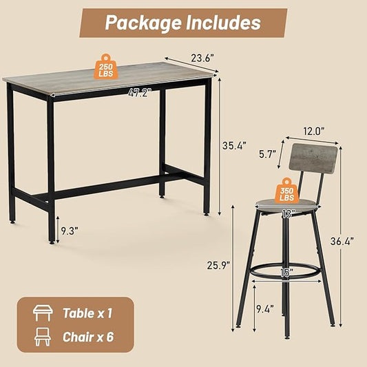 Dining Table Set for 6, 7-Piece Bar Table Set, Kitchen Table and Chairs, Counter Height High Top Table with 6 PU Upholstered Stools, Space-Saving Pub Tables Set for Small Space, Grey