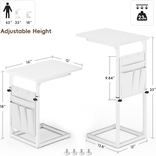 Vagusicc C Shaped End Table, 33" Tall Side Table for Couch, Adjustable Height Recliner Table Small Couch Side Tables, Sofa Tables Slide Under Sofa TV Tray Arm C Table for Living Room, Bedroom, White