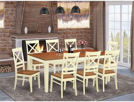 East West Furniture QUIN9-WHI-W 9 Piece Dining Table Set Includes a Rectangle Dinner Table with Butterfly Leaf and 8 Dining Room Chairs, 40x78 Inch, Buttermilk & Cherry
