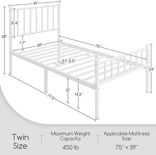 Yaheetech Twin Size Bed Frame Metal Platform Mattress Foundation with Spindle Headboard & Footboard/No Box Spring Needed/14 Inch Underbed Storage/Firm Support Easy Set up Structure, White