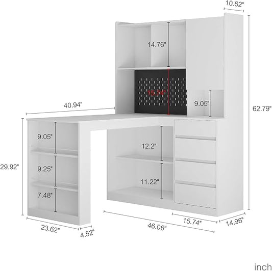KEIKI L Shaped Home Office Desks with LED Light, Pegboard, Hutch, Drawers, Bookshelf & Storage Shelves, Modern Wooden Gaming Computer Corner Table for Work, Study, Writing