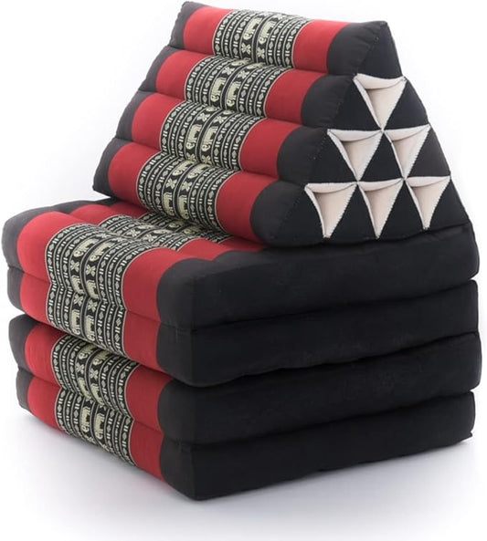 Leewadee Comfortable Japanese Floor Mattress - Thai Floor Bed with Triangle Cushion - Futon Mattress - XL Extra Long Thai Massage Mat, 89 x 20 inches, Black Red, Kapok Filling