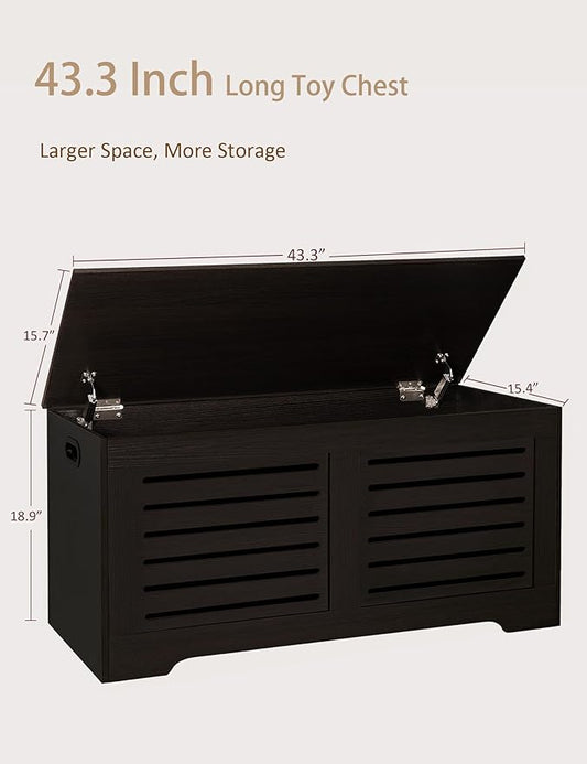 DINZI LVJ Storage Chest, 43.3” Wooden Toy Box with 2 Safety Hinges, Retro Entryway Shoe Storage Bench with Flip-Top, Sturdy Large Storage Trunk for Living Room, Bedroom, Easy Assembly, Espresso
