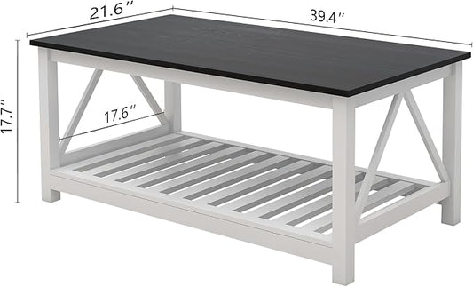 Farmhouse Coffee Table, Black and White Coffee Table for Living Room, 2-Tier Rectangular Wooden Centre Cocktail Table with Slats Shelf Storage and V-Shaped Frame Modern Coffee Tables Oak Black