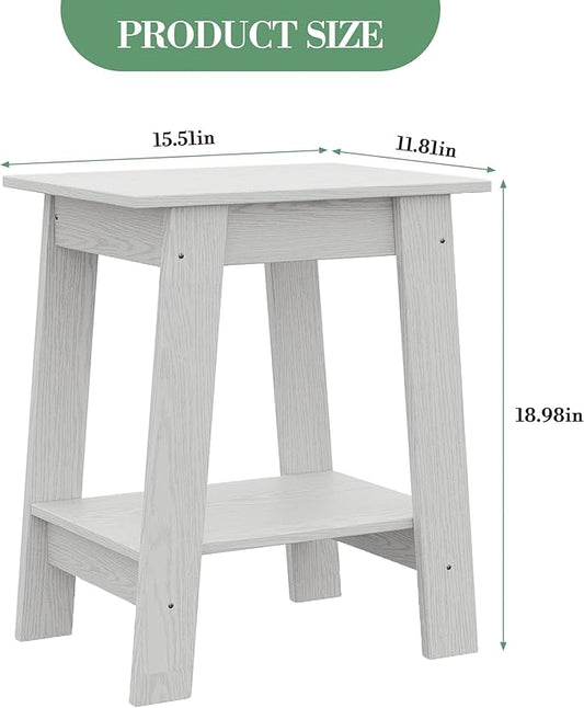 End Table with Double Storage Shelves, Small Space Side Table for Farmhouse Bedroom, Studio Apartment, Entryway, White