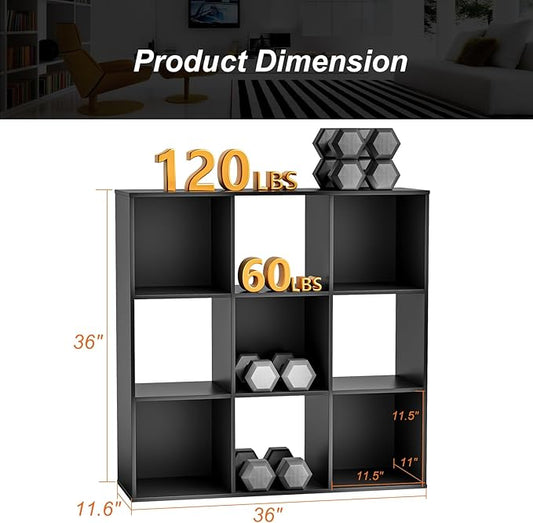 Sweetcrispy 9 Cube Storage Organizer - Open Cube Bookshelf with 5 Removable Back Panels, Display Storage Bookcase for Living Room, Bedroom, Entrance Hall, Home Office,36" L×11.6" W×36" H, Black