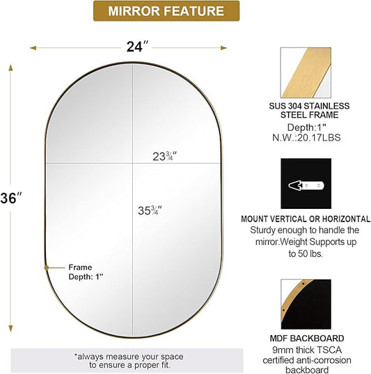 ANDY STAR Gold Oval Mirror, Brass Mirror for Wall, Oval Mirrors for Bathroom in Stainless Steel Metal 1’’ Thin Frame Pill Shaped Mirror Hangs Vertical or Horizontal Ideal for Limited Space