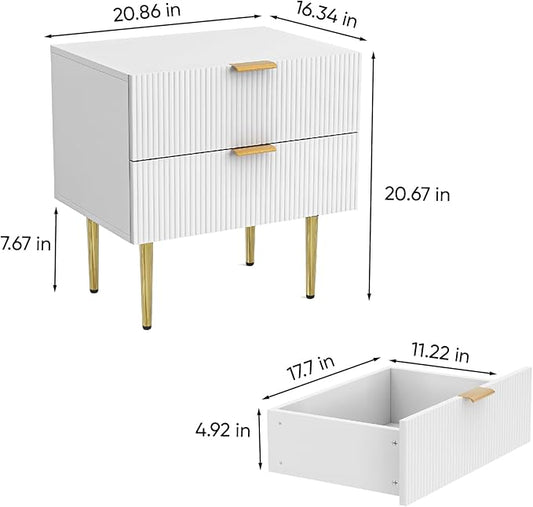 White Nightstand for Bedroom, Fluted Night Stand Set of 2, Mid Century Modern Bedside Table with Gold Metal Legs