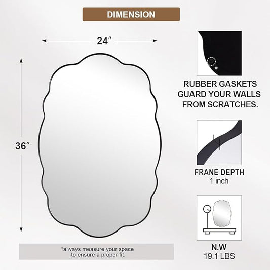 ANDY STAR Matte Black Scalloped Wall Mirror -24x36 Irregular Bathroom Vanity Mirror for Vanity, Living Room & Entryway, Anti Rust Stainless Steel Wall Mount Horizontal or Vertical