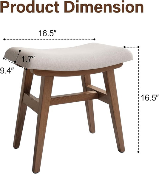 Solid Wood Small Vanity Stool, Compact Makeup Chair with Saddle Cushion, Linen-Covered High Rebound Sponge Seat, Easy Assembly Footstool for Bedroom, Entryway, Home, Walnut